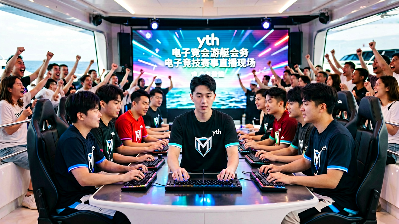yth2206游艇会电子竞技赛事直播现场，选手专注操作，观众热烈欢呼